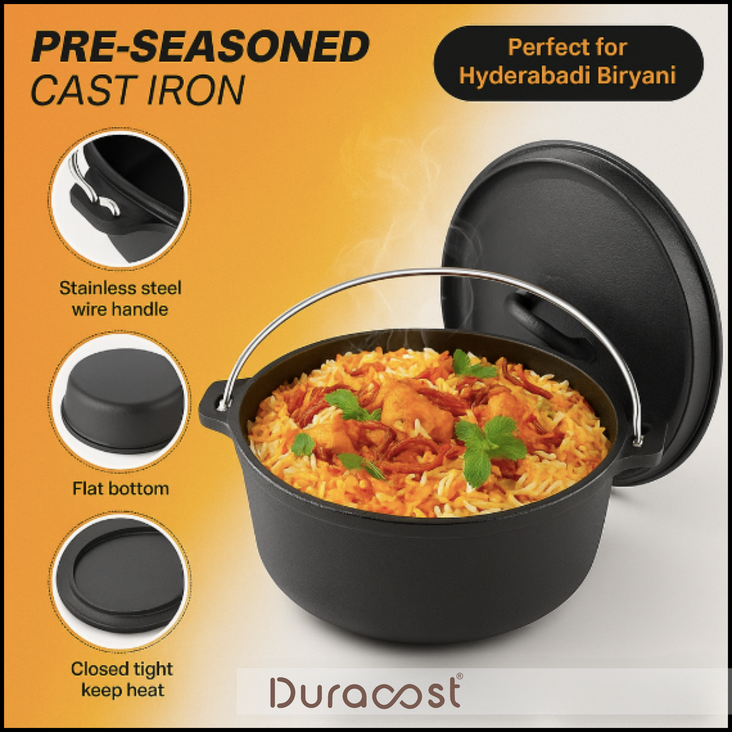 DuraCast® 4 L Cast Iron Dutch Oven – Heavy Duty Pre-Seasoned Pot for Cooking, Baking & Slow-Cooking