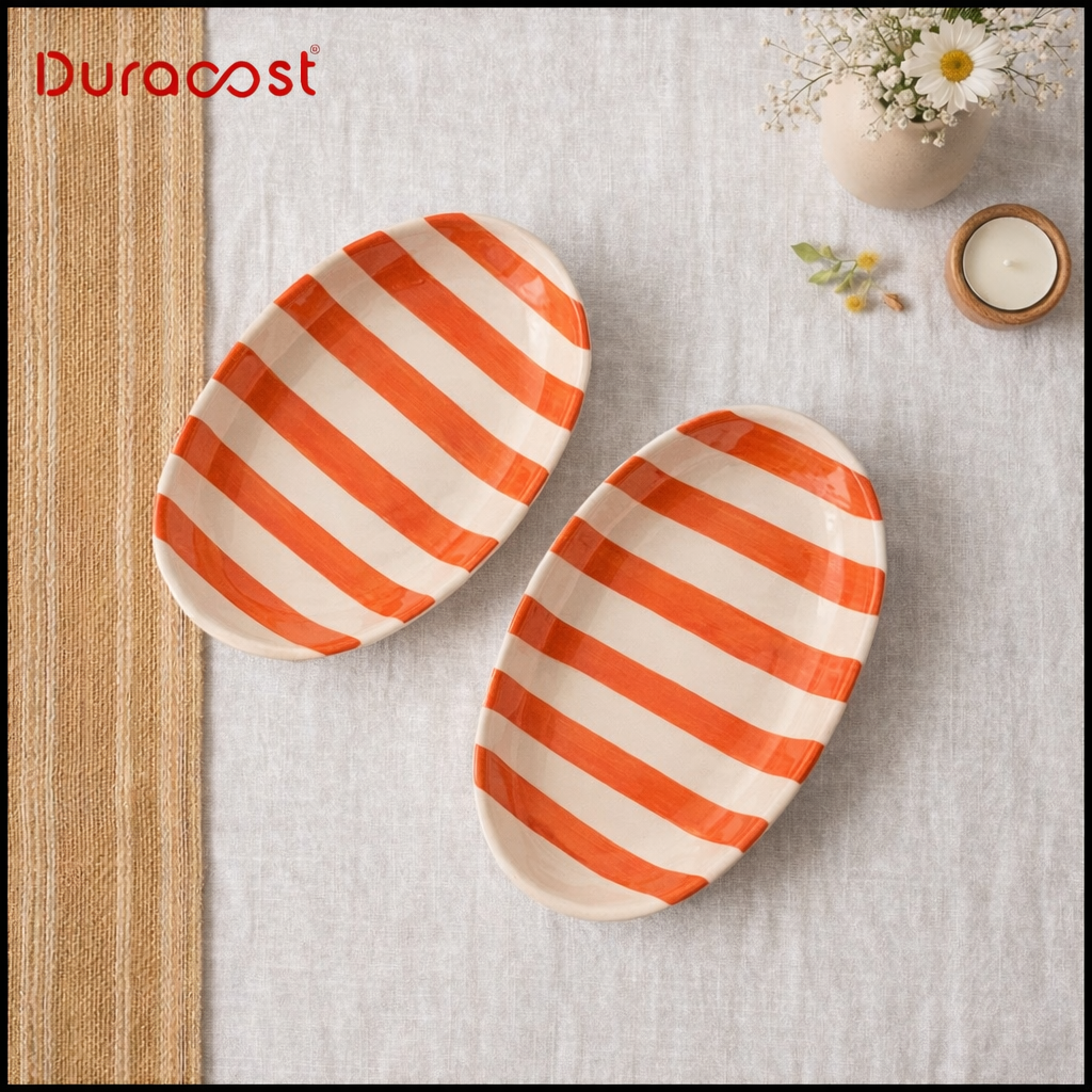 DuraCast® BoldBite Ceramic Snack Platter | Red & White Striped Design | Set of 2