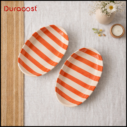 DuraCast® BoldBite Ceramic Snack Platter | Red & White Striped Design | Set of 2
