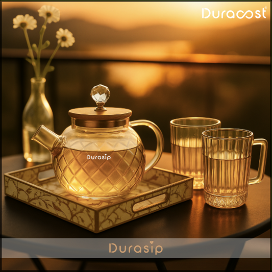 DuraSip™ Chá Crystal Luxe Tea Set – Borosilicate Glass Kettle with 2/4/6 Mugs & Wooden Tray