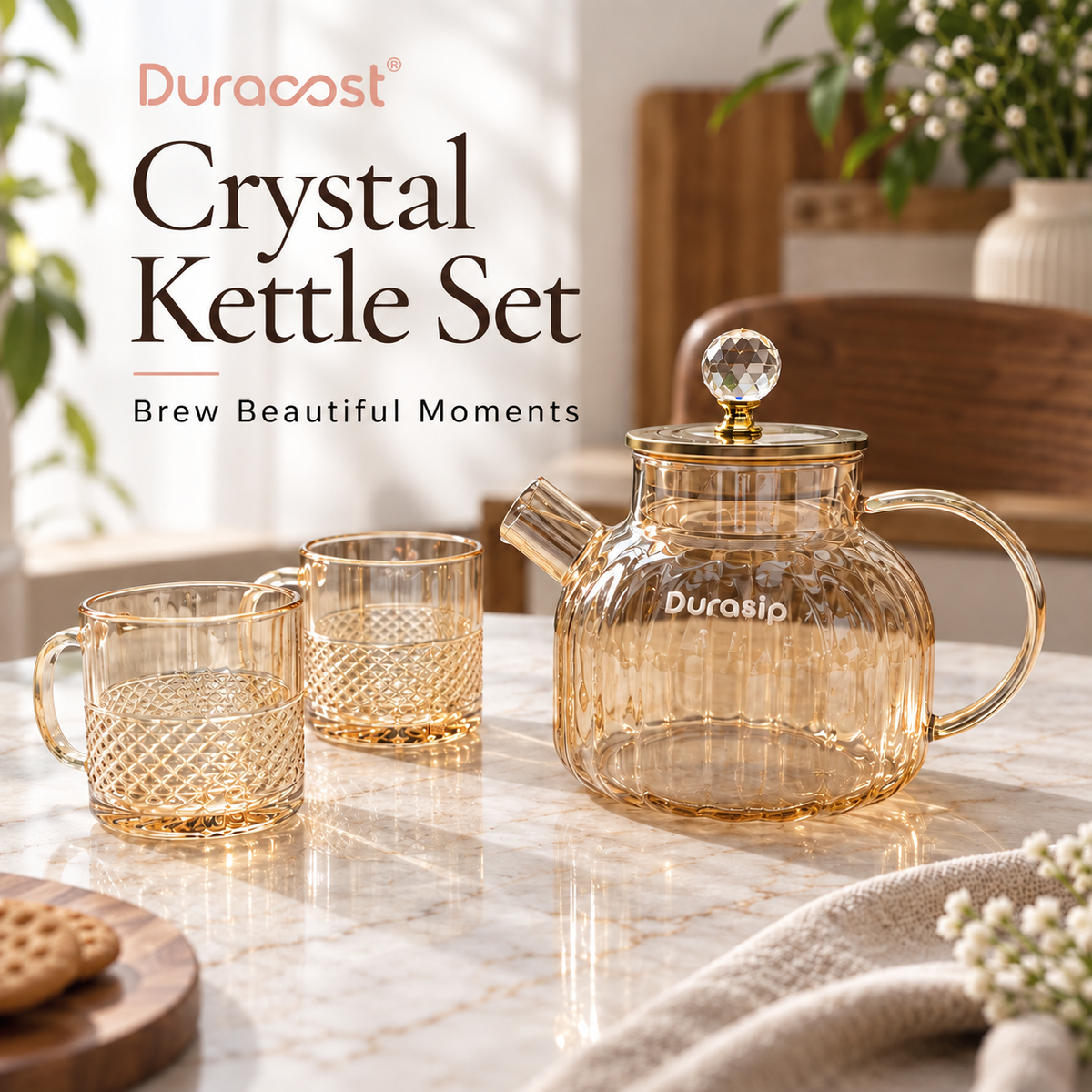 DuraSip™ Chá Crystal Luxe Tea Set – Borosilicate Glass Kettle with Amber Mugs & Optional Wooden Tray | Elegant Tea & Coffee Server Gift Set