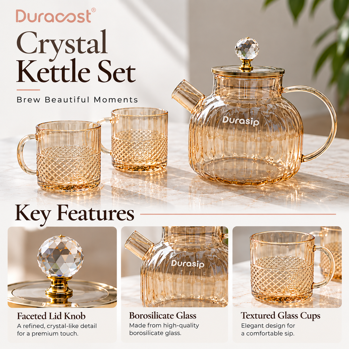 DuraSip™ Chá Crystal Luxe Tea Set – Borosilicate Glass Kettle with Amber Mugs & Optional Wooden Tray | Elegant Tea & Coffee Server Gift Set