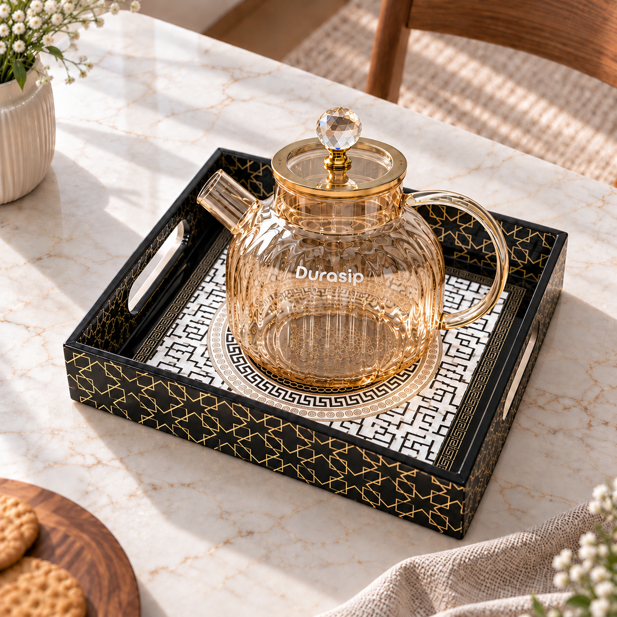 DuraSip™ Chá Crystal Luxe Tea Set – Borosilicate Glass Kettle with Amber Mugs & Optional Wooden Tray | Elegant Tea & Coffee Server Gift Set