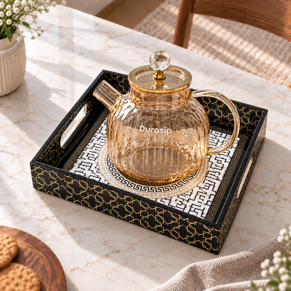DuraSip™ Chá Crystal Luxe Tea Set – Borosilicate Glass Kettle with Amber Mugs & Optional Wooden Tray | Elegant Tea & Coffee Server Gift Set