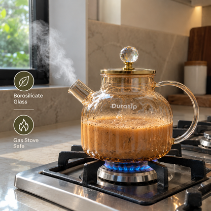 DuraSip™ Chá Crystal Luxe Tea Set – Borosilicate Glass Kettle with Amber Mugs & Optional Wooden Tray | Elegant Tea & Coffee Server Gift Set