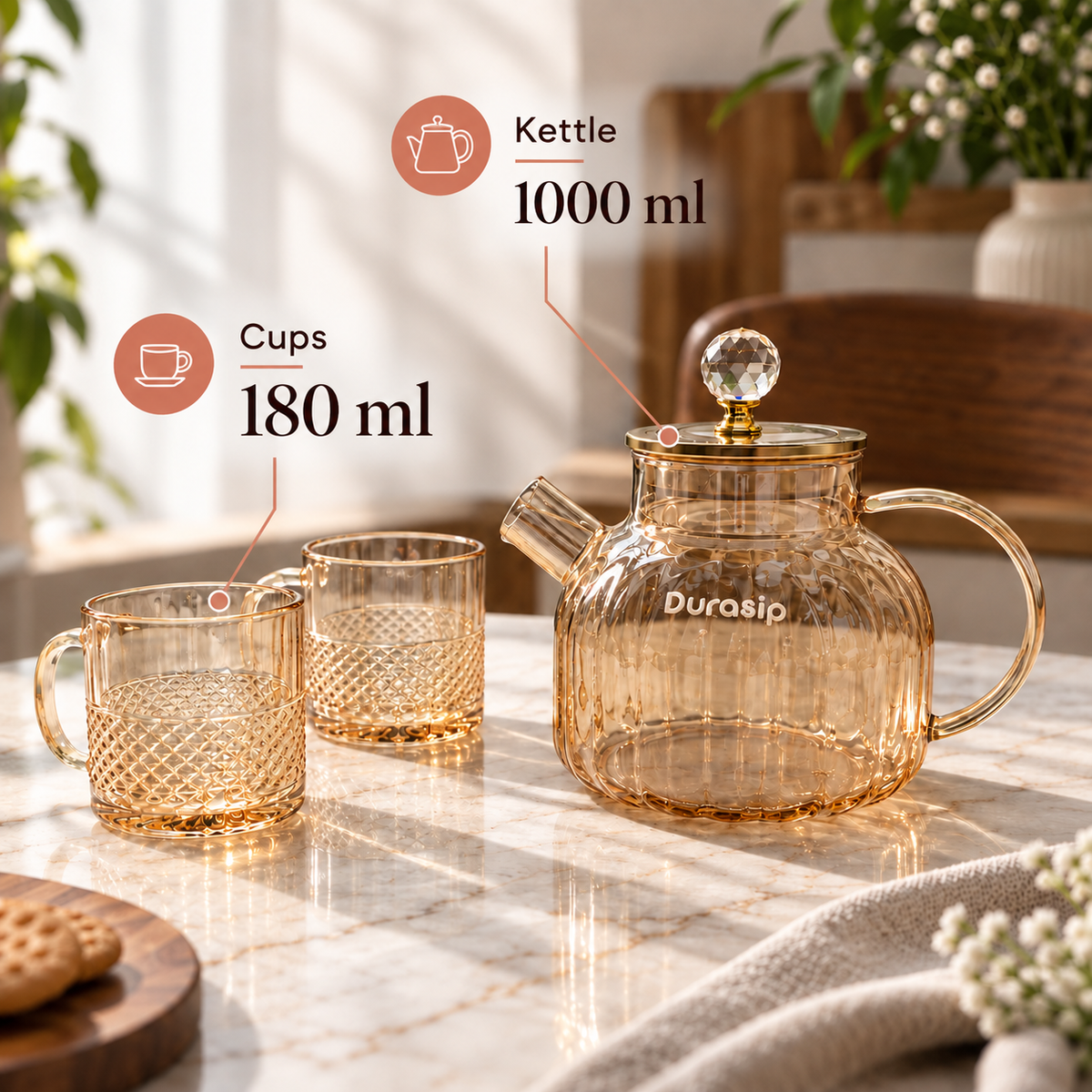 DuraSip™ Chá Crystal Luxe Tea Set – Borosilicate Glass Kettle with Amber Mugs & Optional Wooden Tray | Elegant Tea & Coffee Server Gift Set