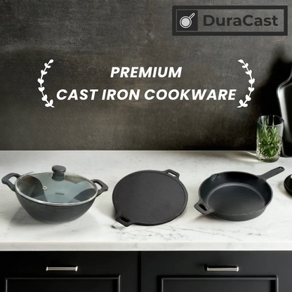 DuraCast India Combo of Cast Iron 30cm Tawa, 25cm Skillet and 26cm Kadhai