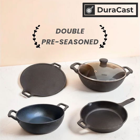 DuraCast India Combo of Cast Iron 30cm tawa, 25cm skillet, 24cm and 26cm Kadhai.