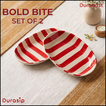 DuraCast® BoldBite Ceramic Snack Platter | Red & White Striped Design | Set of 2