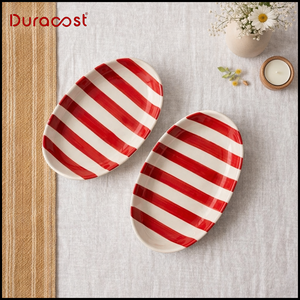 DuraCast® BoldBite Ceramic Snack Platter | Red & White Striped Design | Set of 2