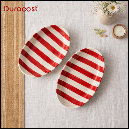 DuraCast® BoldBite Ceramic Snack Platter | Red & White Striped Design | Set of 2
