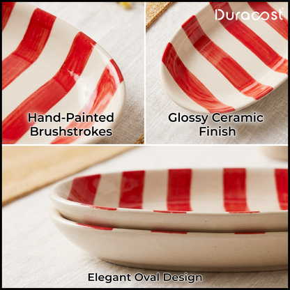 DuraCast® BoldBite Ceramic Snack Platter | Red & White Striped Design | Set of 2