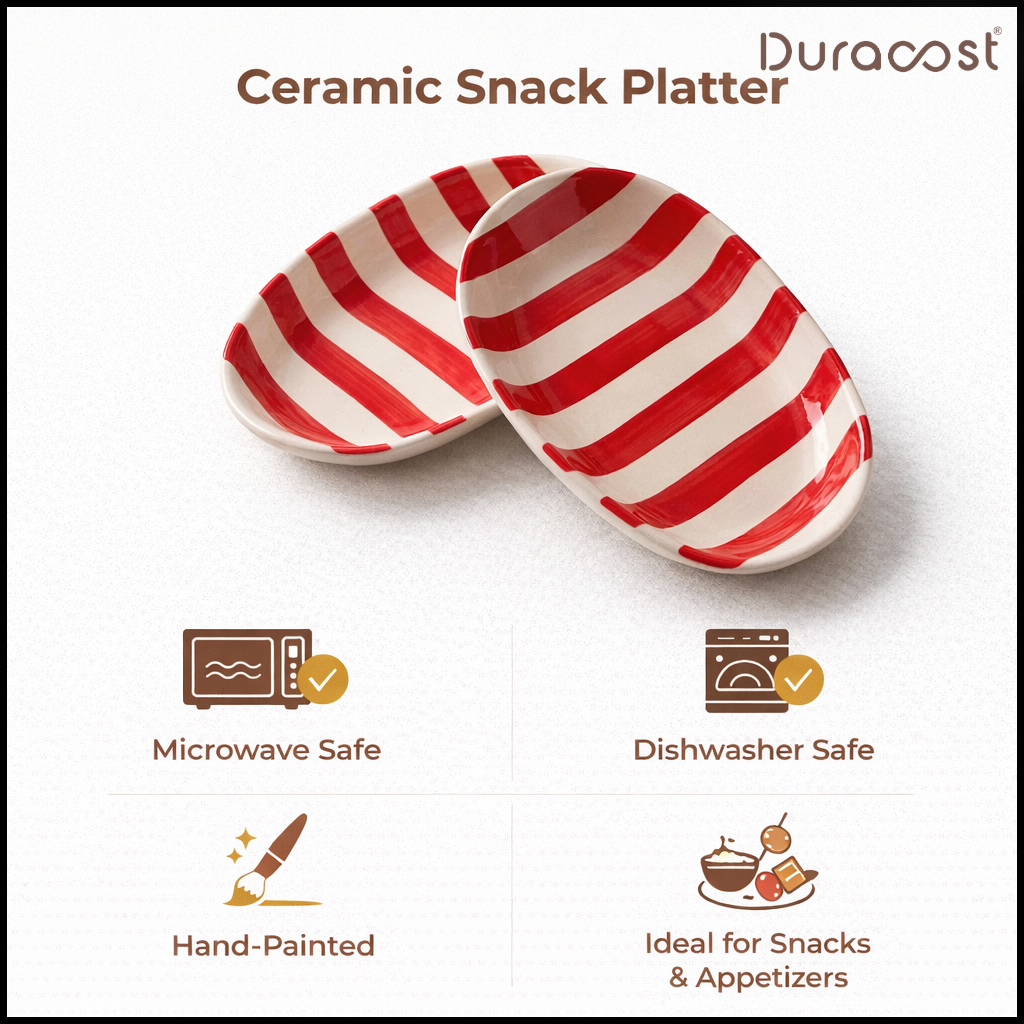 DuraCast® BoldBite Ceramic Snack Platter | Red & White Striped Design | Set of 2