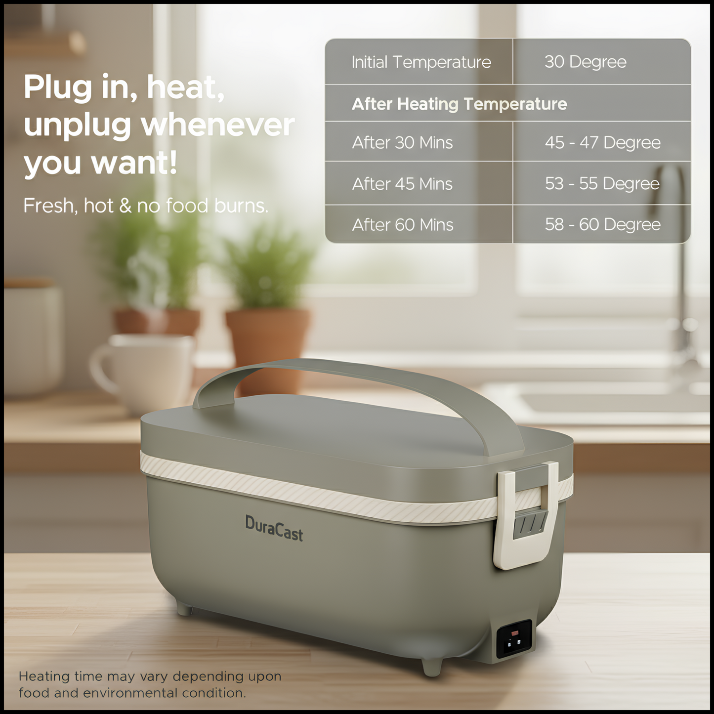 DuraCast® DuraMunch 950ml Electric Lunch Box | Premium Olive Green Heated Tiffin with 4 Bowls (2 Large + 2 Small) | Leak-Proof & Portable Office Lunch Box