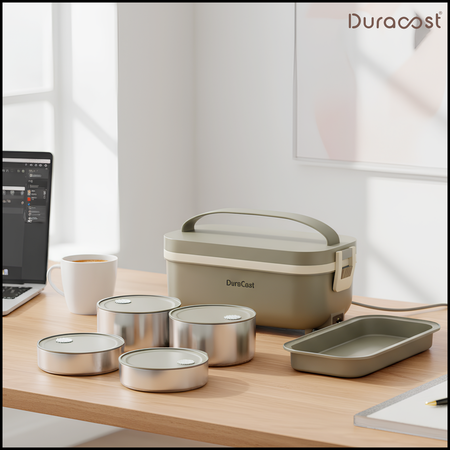 DuraCast® DuraMunch 950ml Electric Lunch Box | Premium Olive Green Heated Tiffin with 4 Bowls (2 Large + 2 Small) | Leak-Proof & Portable Office Lunch Box