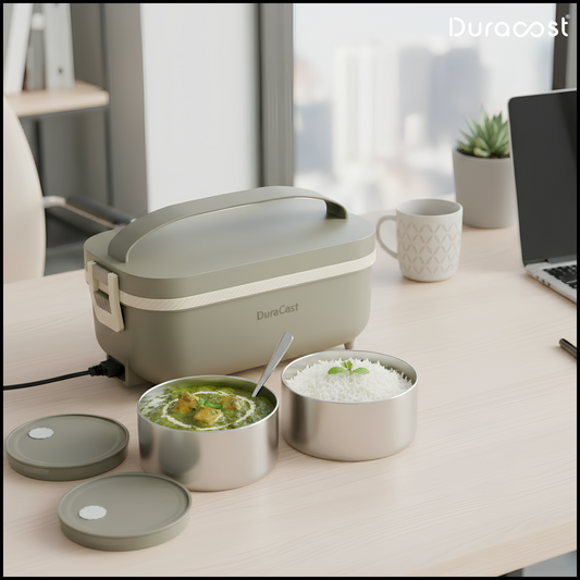DuraCast® DuraMunch 950ml Electric Lunch Box | Premium Olive Green Heated Tiffin with 4 Bowls (2 Large + 2 Small) | Leak-Proof & Portable Office Lunch Box