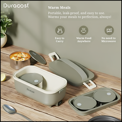 DuraCast® DuraMunch 950ml Electric Lunch Box | Premium Olive Green Heated Tiffin with 4 Bowls (2 Large + 2 Small) | Leak-Proof & Portable Office Lunch Box