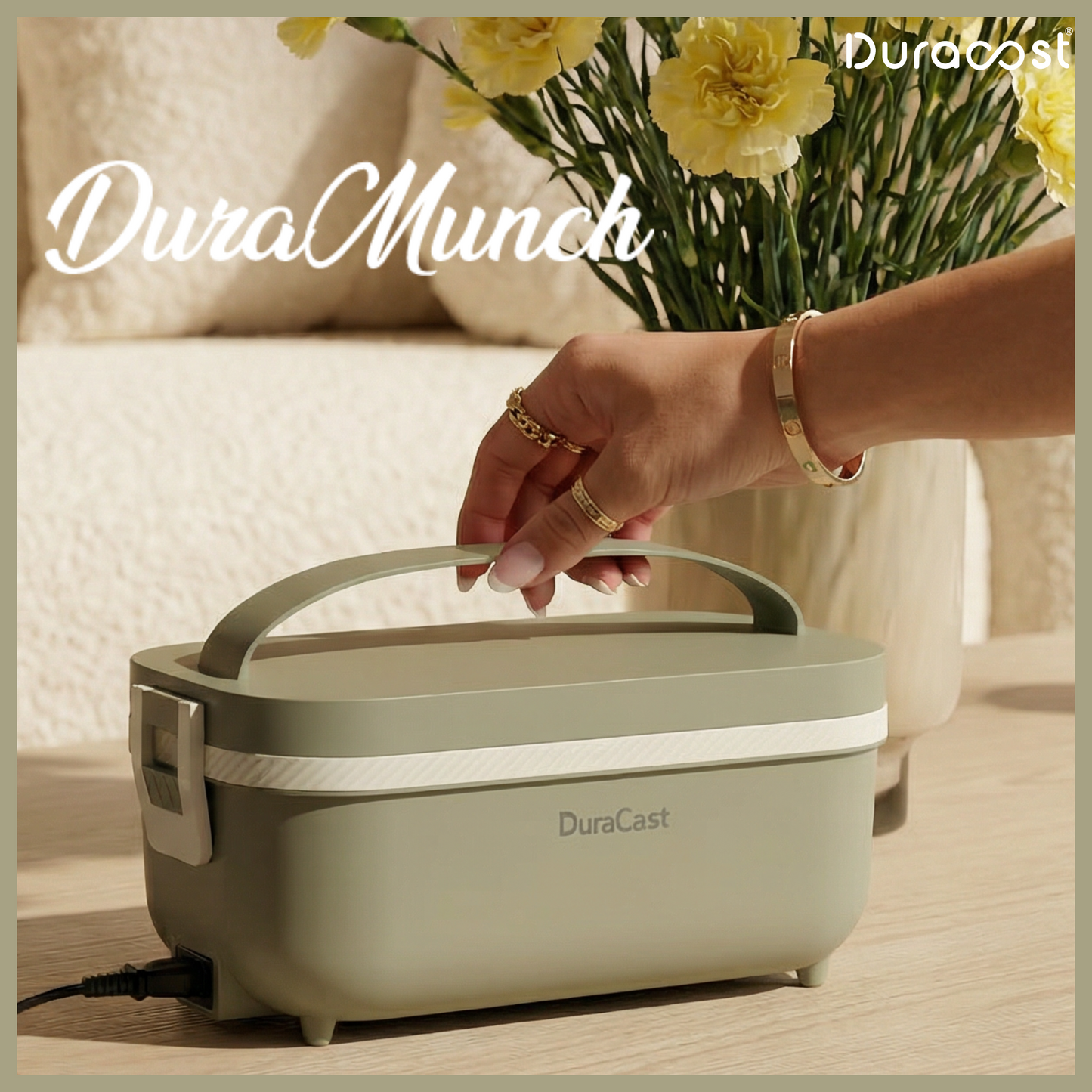 DuraCast® DuraMunch 950ml Electric Lunch Box | Premium Olive Green Heated Tiffin with 4 Bowls (2 Large + 2 Small) | Leak-Proof & Portable Office Lunch Box