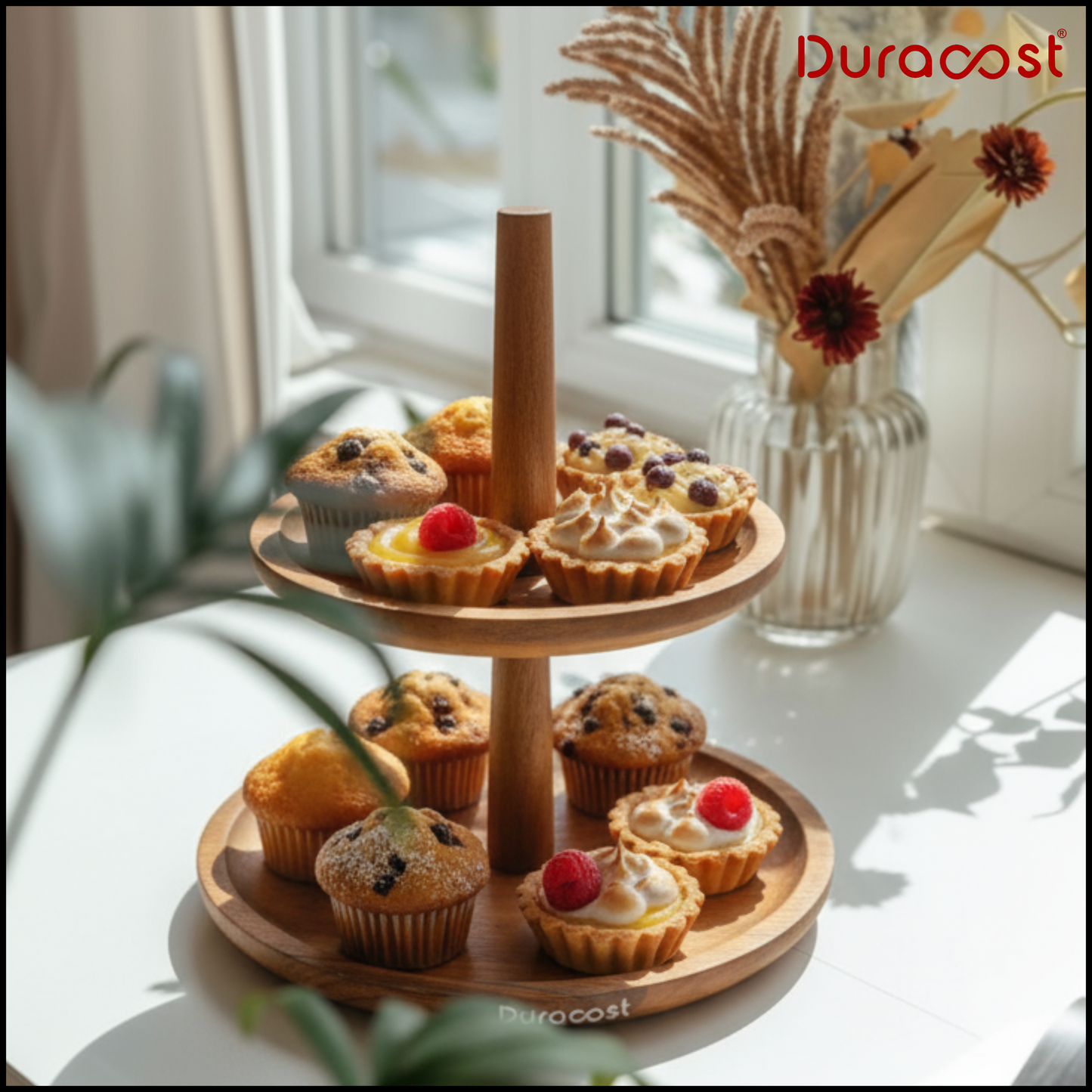 DuraCast® HostMate 2-Tier Wooden Stand – Premium Acacia Wood Dessert, Snack & Serveware Organizer | Rustic Tiered Serving Tray