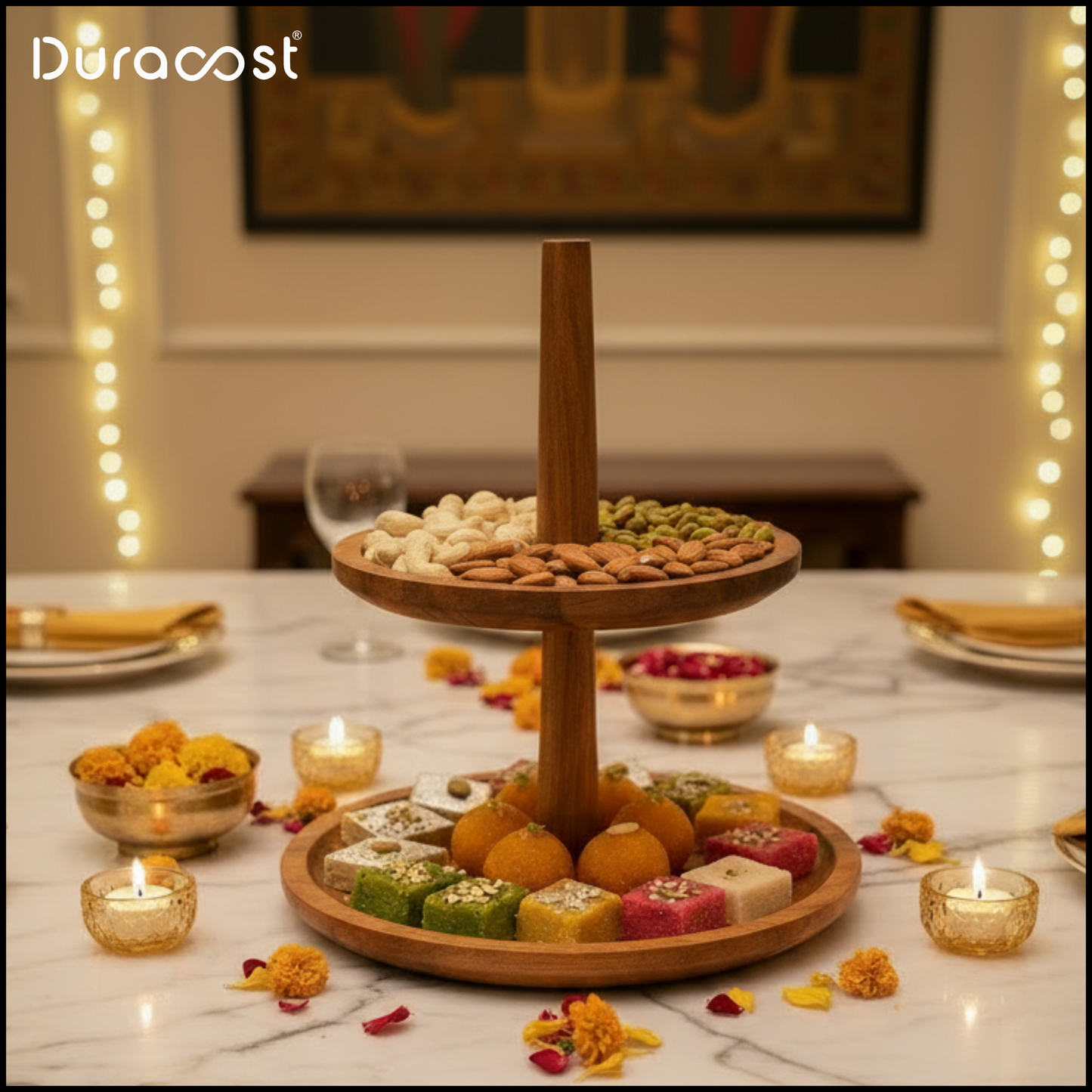 DuraCast® HostMate 2-Tier Wooden Stand – Premium Acacia Wood Dessert, Snack & Serveware Organizer | Rustic Tiered Serving Tray