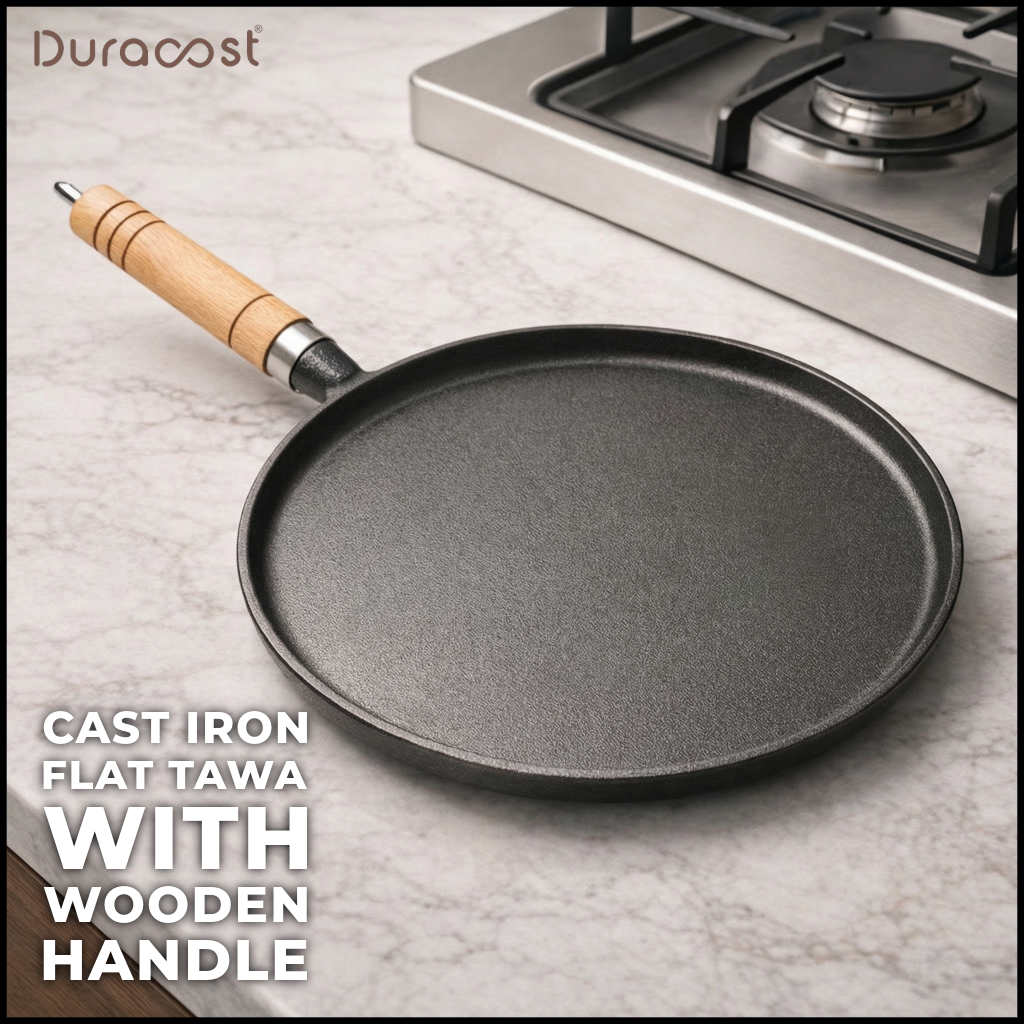 DuraCast® Cast Iron Flat Tawa 26 cm with Wooden Handle