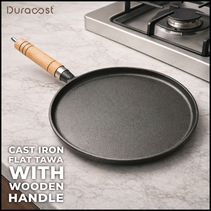 DuraCast® Cast Iron Flat Tawa 26 cm with Wooden Handle