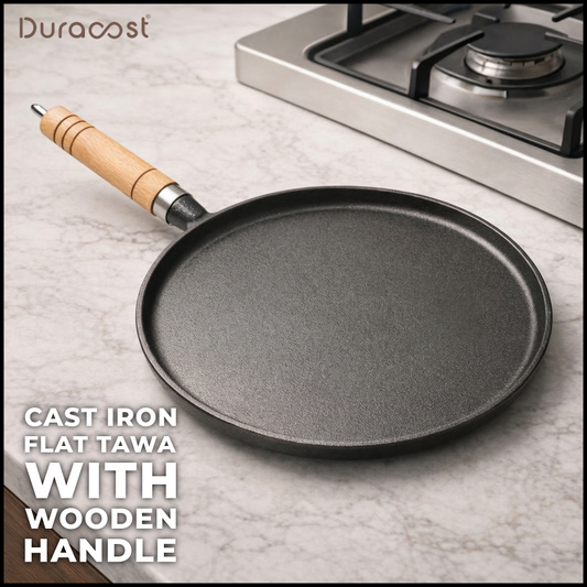 DuraCast® Cast Iron Flat Tawa 26 cm with Wooden Handle