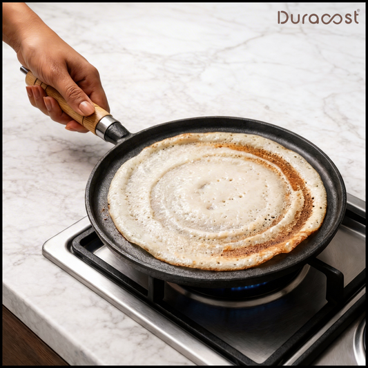 DuraCast® Cast Iron Flat Tawa 26 cm with Wooden Handle