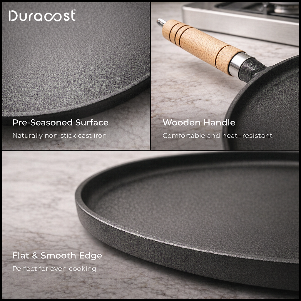 DuraCast® Cast Iron Flat Tawa 26 cm with Wooden Handle