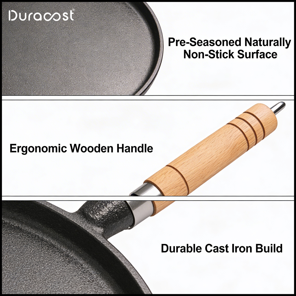 DuraCast® Cast Iron Flat Tawa 26 cm with Wooden Handle