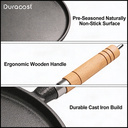 DuraCast® Cast Iron Flat Tawa 26 cm with Wooden Handle