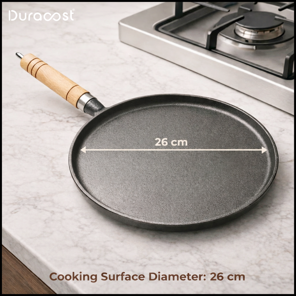 DuraCast® Cast Iron Flat Tawa 26 cm with Wooden Handle
