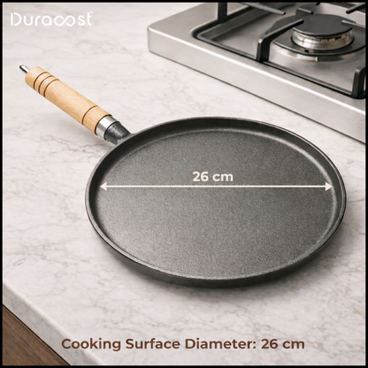DuraCast® Cast Iron Flat Tawa 26 cm with Wooden Handle