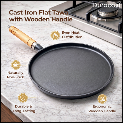 DuraCast® Cast Iron Flat Tawa 26 cm with Wooden Handle