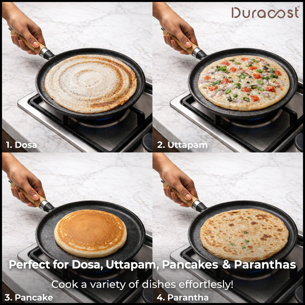 DuraCast® Cast Iron Flat Tawa 26 cm with Wooden Handle