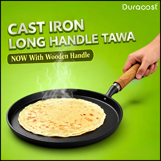 DuraCast® Cast Iron Flat Tawa 26 cm with Wooden Handle | Naturally Non-Stick Pre-Seasoned Roti, Dosa & Chilla Tawa | Premium Heavy Cast Iron Cookware