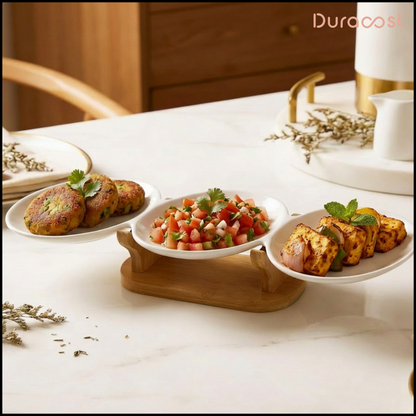 DuraCast® Pebble Platter – 3-Section Ceramic Serving Platter with Bamboo Base