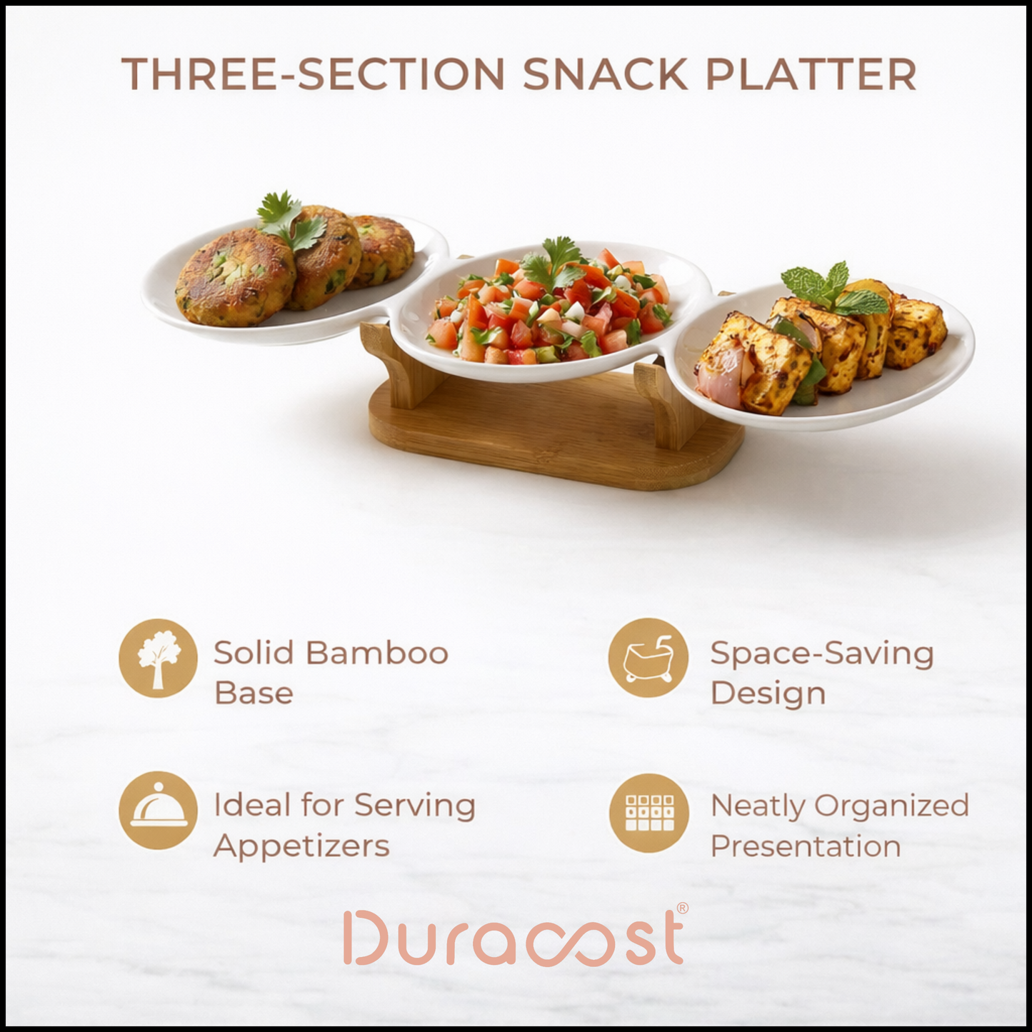 DuraCast® Pebble Platter – 3-Section Ceramic Serving Platter with Bamboo Base