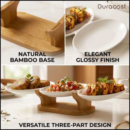 DuraCast® Pebble Platter – 3-Section Ceramic Serving Platter with Bamboo Base