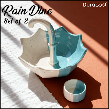 DuraCast® Rain Dine – Set of 2 Ceramic Snack Platter with Dip Bowl | Unique Umbrella Design Serveware for Nachos, Sweets & Starters