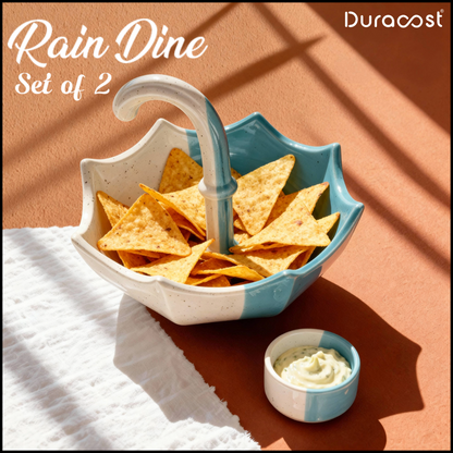DuraCast® Rain Dine – Set of 2 Ceramic Snack Platter with Dip Bowl | Unique Umbrella Design Serveware for Nachos, Sweets & Starters