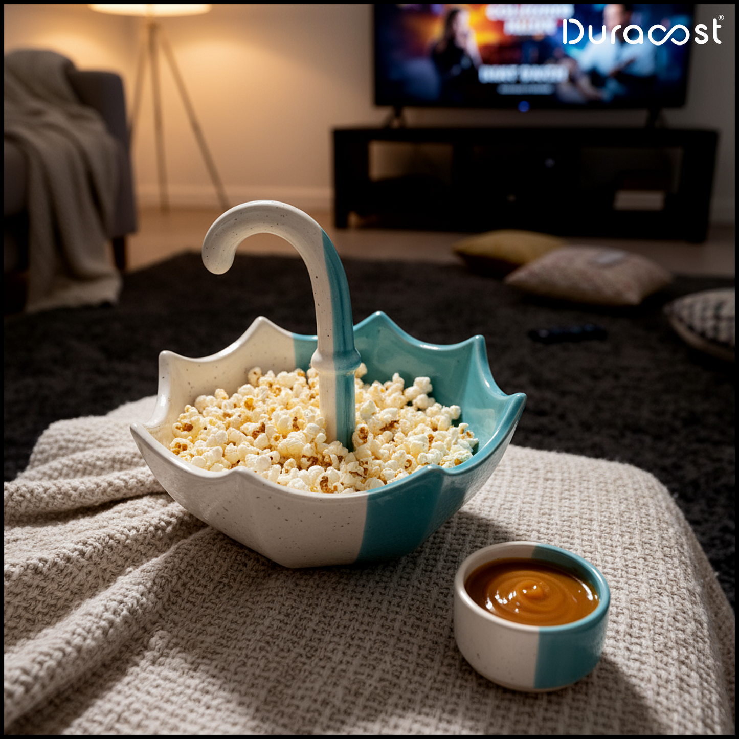 DuraCast® Rain Dine – Set of 2 Ceramic Snack Platter with Dip Bowl | Unique Umbrella Design Serveware for Nachos, Sweets & Starters