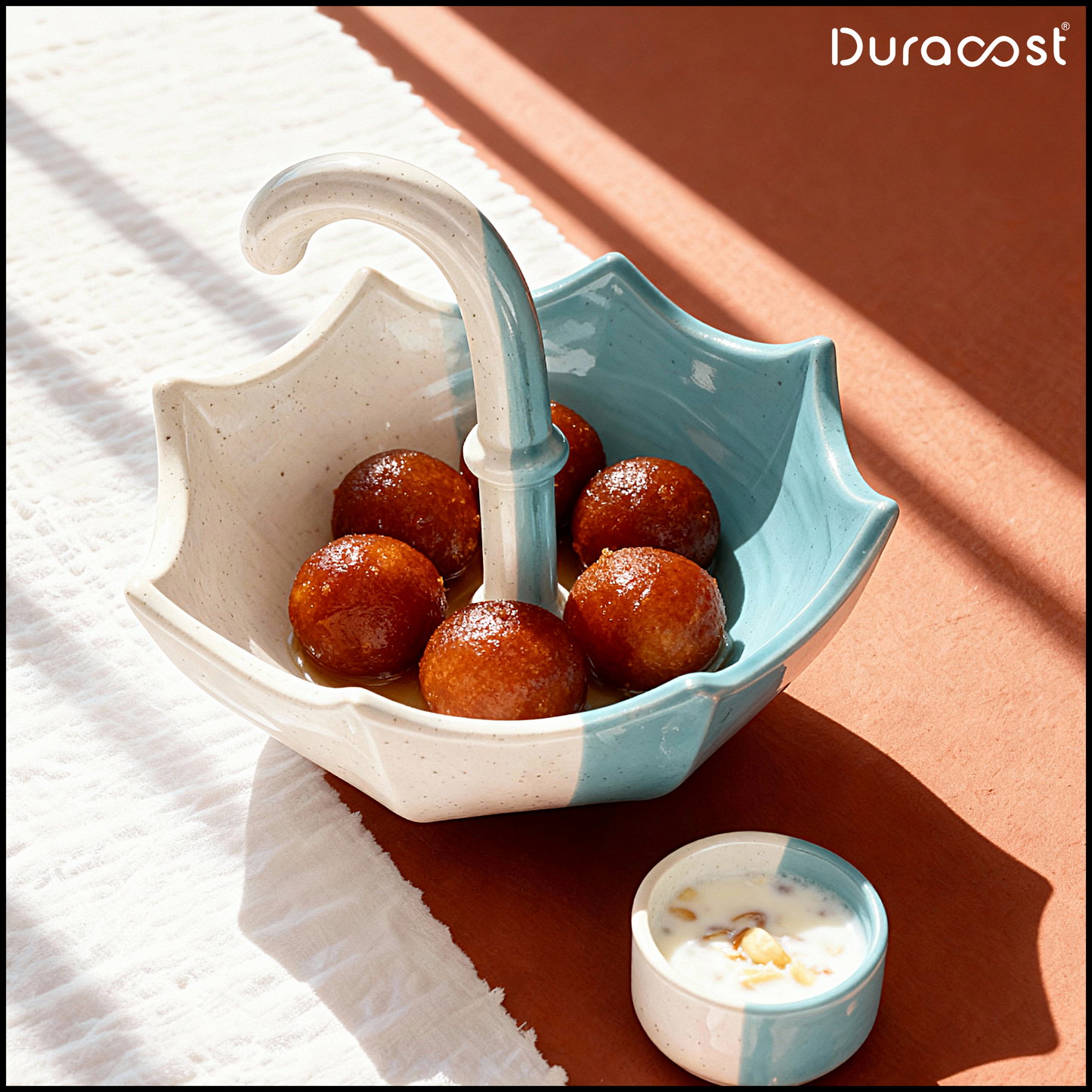 DuraCast® Rain Dine – Set of 2 Ceramic Snack Platter with Dip Bowl | Unique Umbrella Design Serveware for Nachos, Sweets & Starters