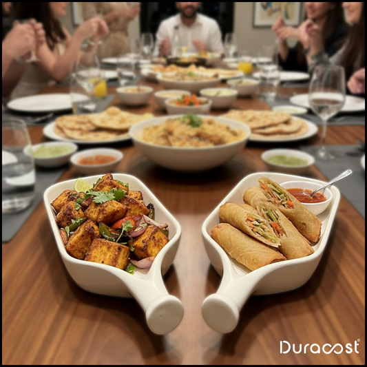 DuraCast® Serava – Premium and Elegant Off-White Serving Platters with Matching Dip Bowls (Set of 4)