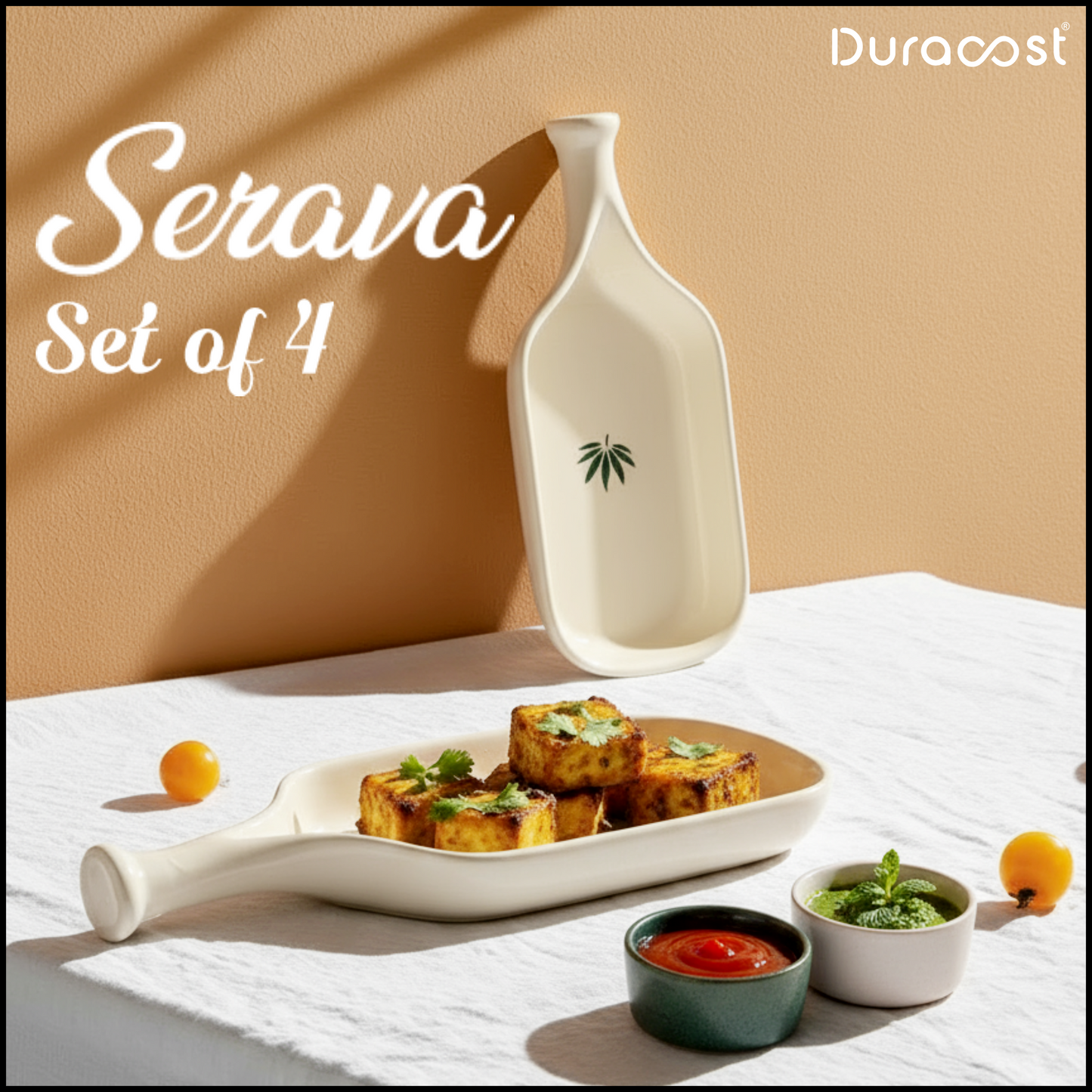 DuraCast® Serava – Premium and Elegant Off-White Serving Platters with Matching Dip Bowls (Set of 4)