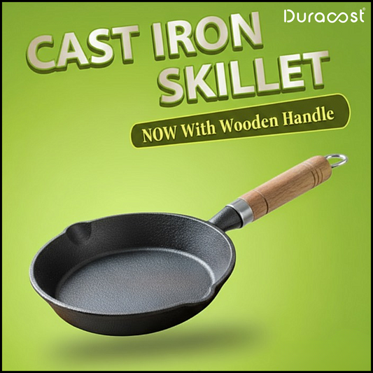 DuraCast® Cast Iron Skillet 20 cm with Wooden Handle | Naturally Non-Stick Pre-Seasoned Frying Pan for Daily Cooking | Premium Heavy Cast Iron Cookware