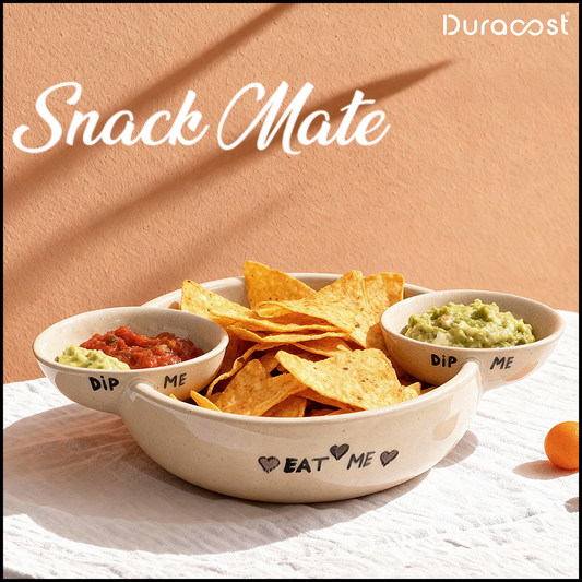 DuraCast® Snack Mate – Ceramic Snack Platter with Dual Inbuilt Dip Bowls | Stylish Serveware for Snacks, Starters & Parties