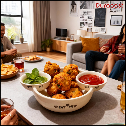 DuraCast® Snack Mate – Ceramic Snack Platter with Dual Inbuilt Dip Bowls | Stylish Serveware for Snacks, Starters & Parties
