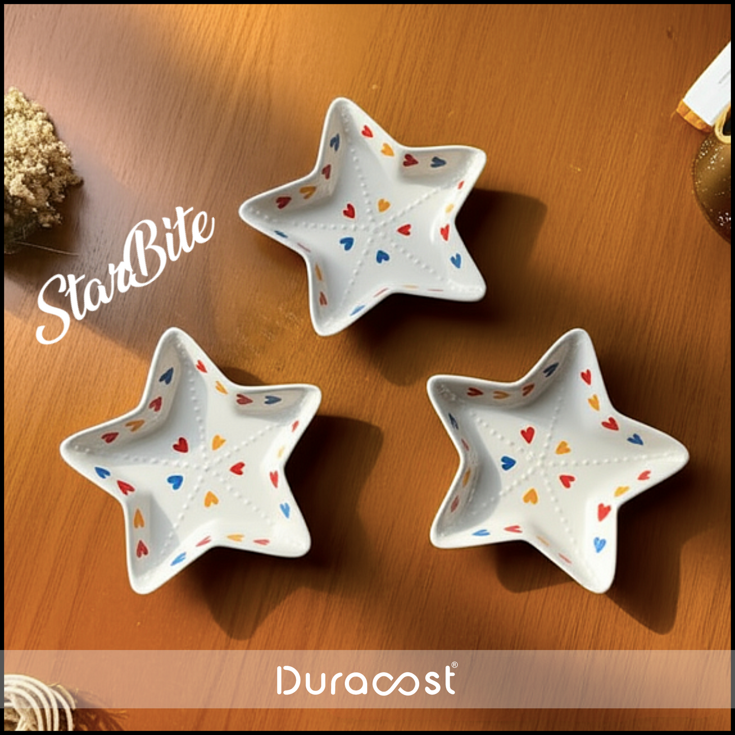 DuraCast® StarBite Ceramic Snack Plate ( Set of 2 ) - Handcrafted Star-Shaped Serving Dish with Colorful Heart Design | Multi-Purpose Snack & Dessert Plates