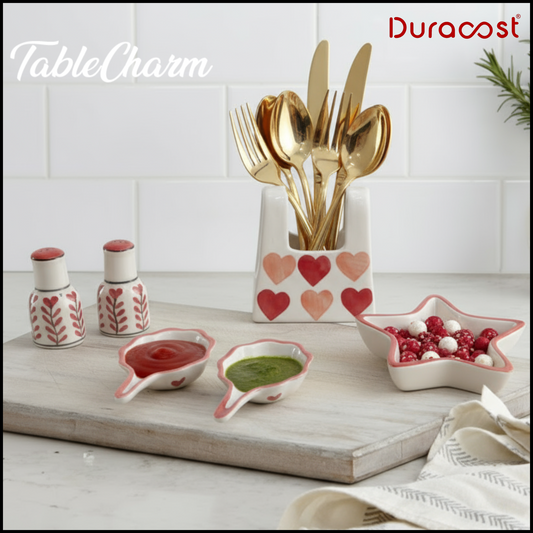 DuraCast® TableCharm Ceramic Tableware (Set of 6) – Salt & Pepper Shakers, Chutney Bowls, Star Candy Dish & Cutlery Holder | Stylish Dining Table Accessories